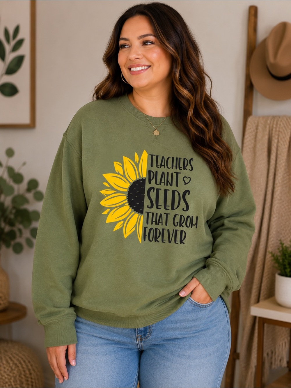 Gildan Olive Sweatshirt with Yellow Sunflower Graphic